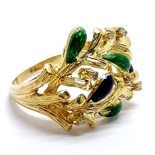 420 - 18ct marked gold designer ring set with diamonds and blue / green enamel detail - size Q½ & 10.5g ~ ... 