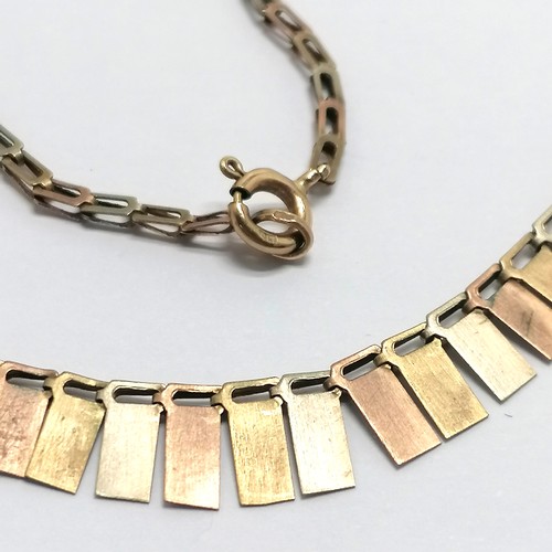 439 - 9ct marked tri colour gold graduated panel drop necklace - 38cm & 4.7g