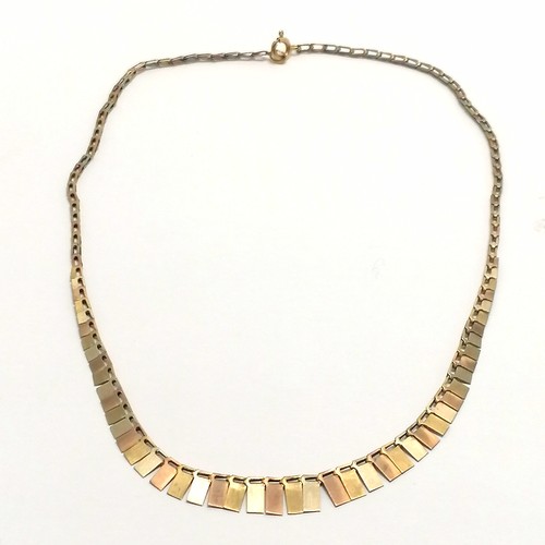 439 - 9ct marked tri colour gold graduated panel drop necklace - 38cm & 4.7g