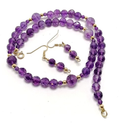 456 - 9ct marked gold facetted amethyst / gold bead 44cm necklace with matching unmarked gold mounted earr... 