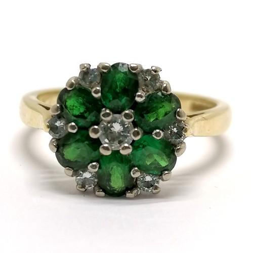 482 - 18ct hallmarked gold emerald & diamond cluster ring - size M½ & 4.3g total weight ~ some wear to eme... 