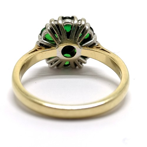 482 - 18ct hallmarked gold emerald & diamond cluster ring - size M½ & 4.3g total weight ~ some wear to eme... 