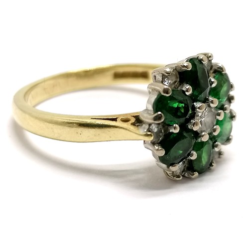 482 - 18ct hallmarked gold emerald & diamond cluster ring - size M½ & 4.3g total weight ~ some wear to eme... 