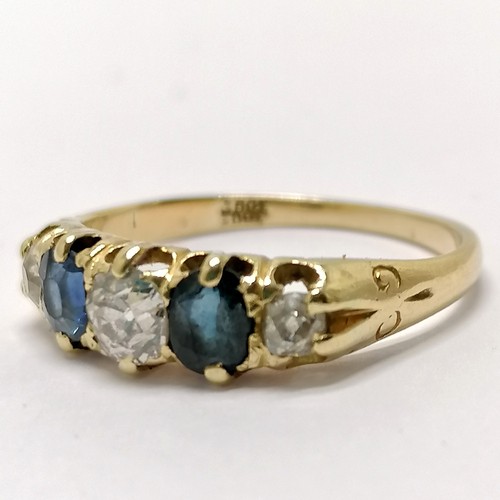 485 - Antique 18ct marked gold sapphire (2) & diamond (3) stone set ring - size L½ & 2.7g total weight