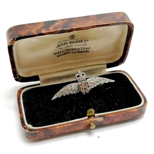 502 - Vintage 9ct hallmarked white gold RAF sweetheart brooch set with diamonds & with enamel detail in a ... 