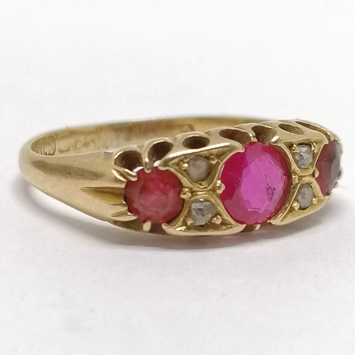 515 - Antique 18ct hallmarked gold ruby (& red stone) & diamond ring - size M & 3.4g total weight ~ wear t... 