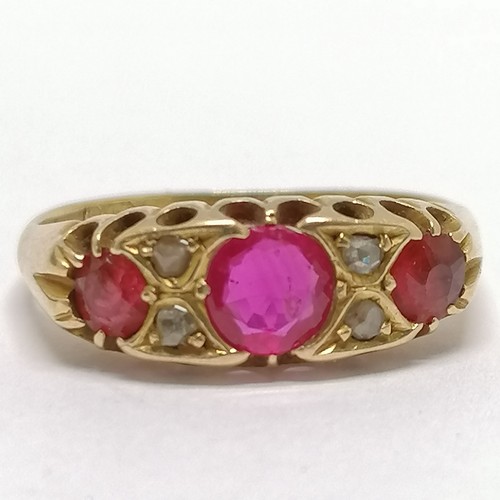 515 - Antique 18ct hallmarked gold ruby (& red stone) & diamond ring - size M & 3.4g total weight ~ wear t... 