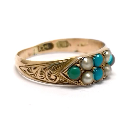 524 - Antique 15ct marked gold turquoise / pearl set ring with engraved shoulders - size H & 1.4g total we... 