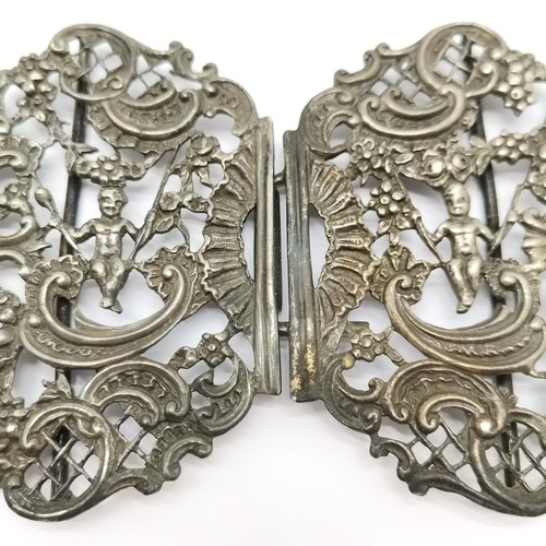 537 - William Comyns 1896 silver nurses belt buckle with cherub in a swing detail - 11cm across & 60g ~ sl... 