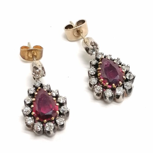 540 - Pair of large pear shaped ruby & diamond stone set earrings - 2cm drop & total weight 6.6g