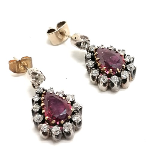 540 - Pair of large pear shaped ruby & diamond stone set earrings - 2cm drop & total weight 6.6g