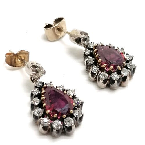 540 - Pair of large pear shaped ruby & diamond stone set earrings - 2cm drop & total weight 6.6g