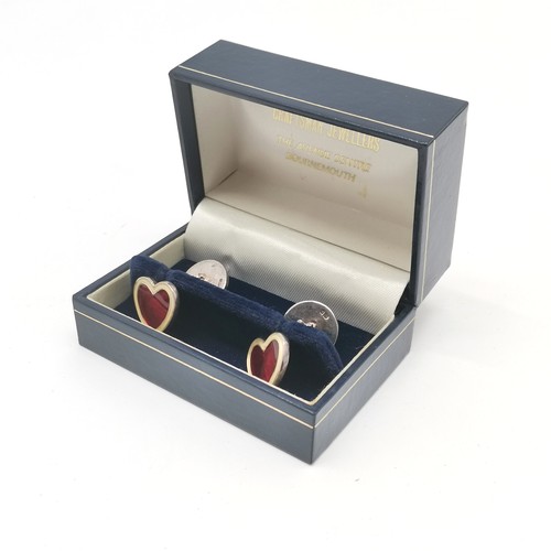 561 - Toye, Kenning & Spencer silver pair of enamel cufflinks with heart detail - 13g total weight