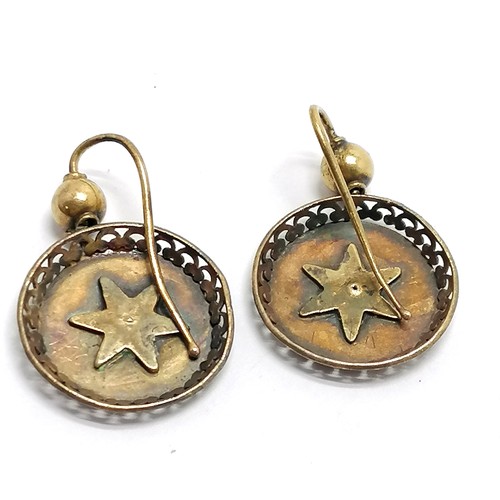 567 - Unmarked (touch tests as 15ct) gold antique pair of earrings set wih diamonds - 2.4cm drop & 3.2g to... 