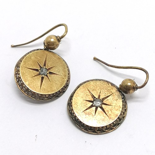 567 - Unmarked (touch tests as 15ct) gold antique pair of earrings set wih diamonds - 2.4cm drop & 3.2g to... 