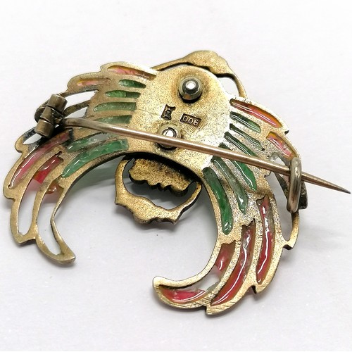 568 - 900 silver gilt scarab plique-a-jour brooch - 3.5cm across & 7g ~ obvious losses to plique-a-jour