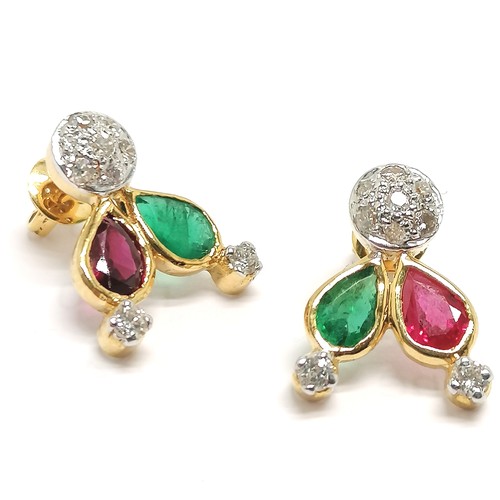 576 - 18ct hallmarked gold pair of emerald / ruby / diamond set earrings by H&T Ltd - 1.5cm drop & 4.8g to... 