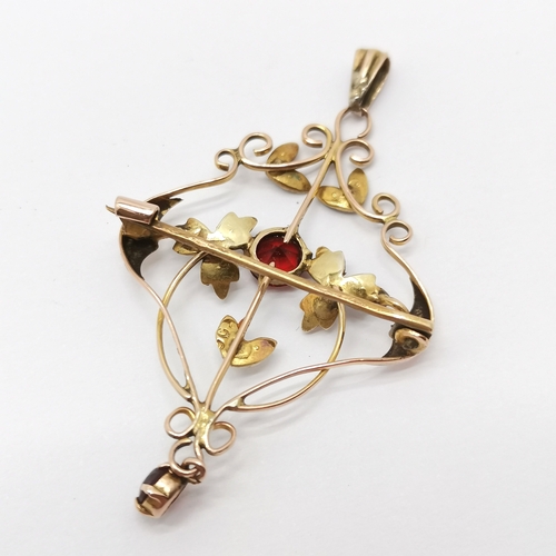 584 - Antique 9ct marked gold Art Nouveau pendant / brooch set with red stone & seed pearl - 4cm drop & 2.... 