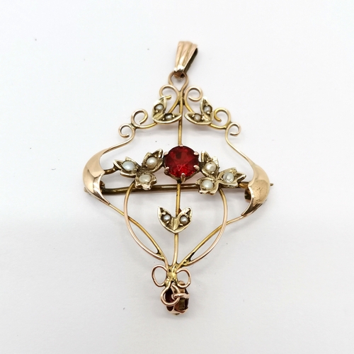 584 - Antique 9ct marked gold Art Nouveau pendant / brooch set with red stone & seed pearl - 4cm drop & 2.... 