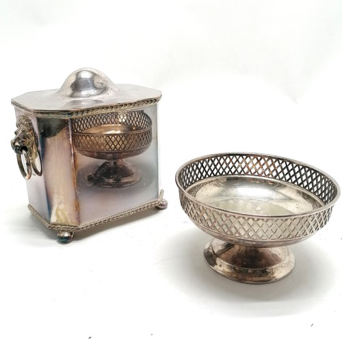 729 - Silver plated tea caddy with lion mask handles & hinged lid (12cm high & signs of wear) t/w Mappin &... 