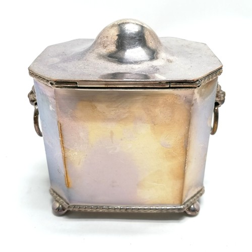 729 - Silver plated tea caddy with lion mask handles & hinged lid (12cm high & signs of wear) t/w Mappin &... 