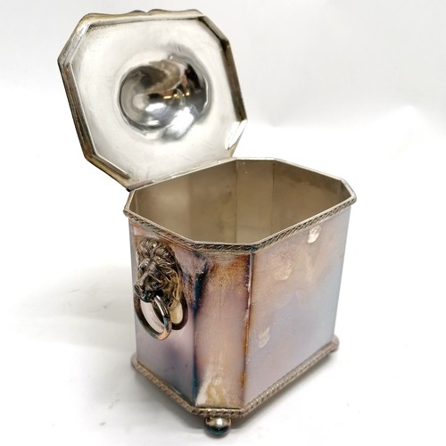 729 - Silver plated tea caddy with lion mask handles & hinged lid (12cm high & signs of wear) t/w Mappin &... 