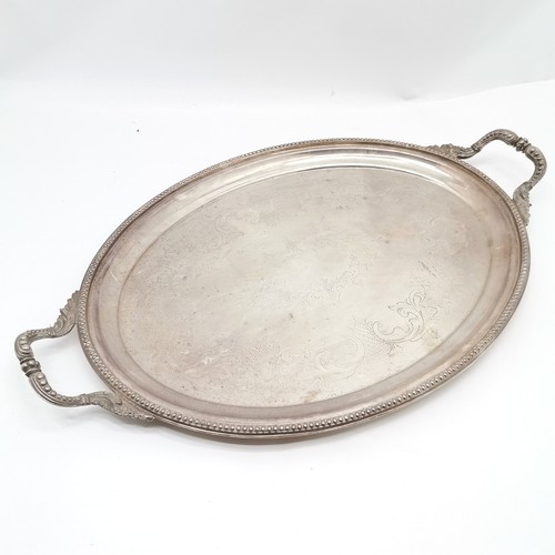 731 - John Sherwood & Son large silver plated oval tray with cast beaded border & 2 handles with acanthus ... 