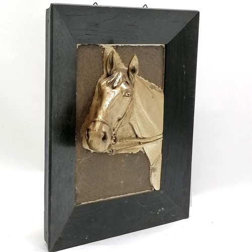 735 - Silver plated 3D plaque of a horses head monogrammed HB? in a black wooden frame, frame measures 30c... 