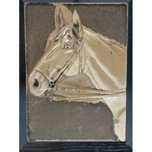 735 - Silver plated 3D plaque of a horses head monogrammed HB? in a black wooden frame, frame measures 30c... 