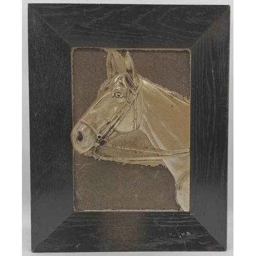 735 - Silver plated 3D plaque of a horses head monogrammed HB? in a black wooden frame, frame measures 30c... 