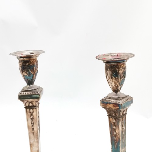 737 - Pair of antique Neo classical silver plated candlesticks - 29.5cm high ~ 1 base a/f & obvious wear