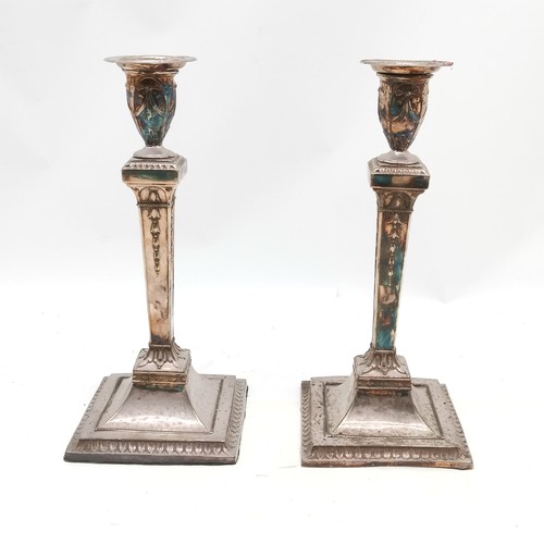 737 - Pair of antique Neo classical silver plated candlesticks - 29.5cm high ~ 1 base a/f & obvious wear