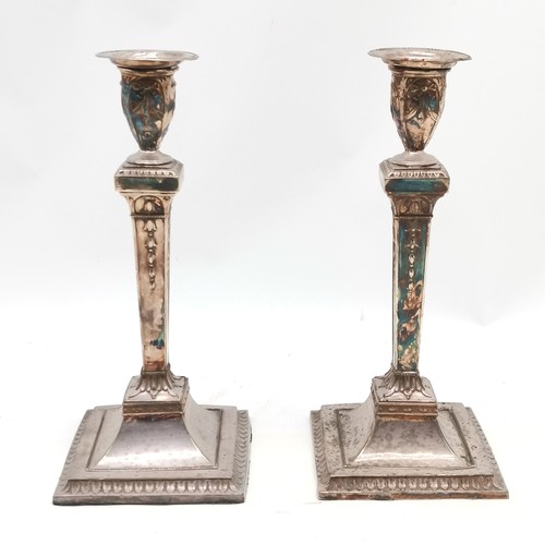 737 - Pair of antique Neo classical silver plated candlesticks - 29.5cm high ~ 1 base a/f & obvious wear