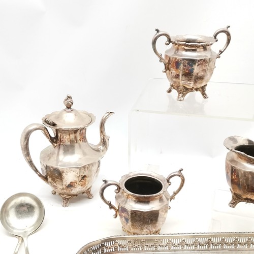 739 - Silver plated tea set on rectangular galleried tray (42cm x 21cm) ~ tray has dent on 1 corner & Shef... 