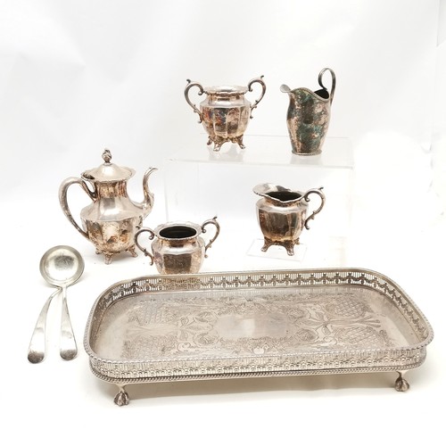 739 - Silver plated tea set on rectangular galleried tray (42cm x 21cm) ~ tray has dent on 1 corner & Shef... 