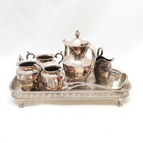 739 - Silver plated tea set on rectangular galleried tray (42cm x 21cm) ~ tray has dent on 1 corner & Shef... 