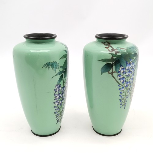 17 - Pair of Japanese cloisonne vases decorated with wisteria - 18.5cm tall ~ 1 has losses / crack & othe... 