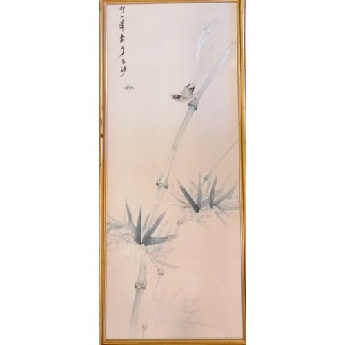 19 - Chinese Hunan / Xiang hand worked silk embroidery 'Bird, mist, bamboo' by Hsiao I P'ing - frame 103.... 