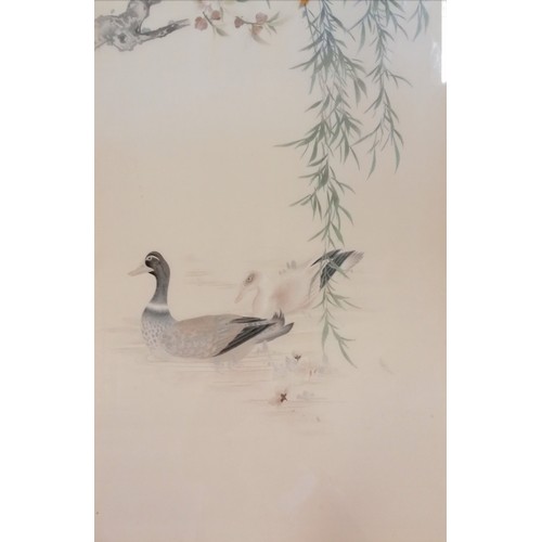 20 - Chinese Hunan / Xiang hand worked silk embroidery 'Mandarin ducks and willow' - frame 107cm x 50cm ~... 