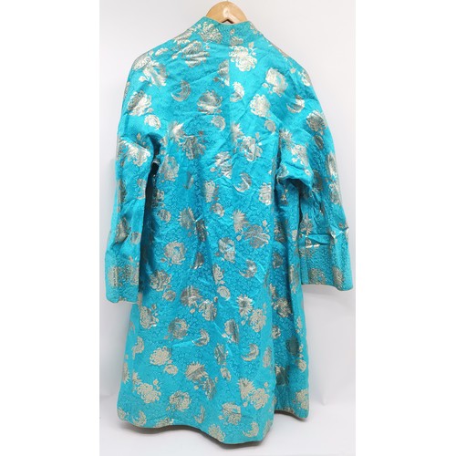 21 - Vintage turquoise embroidered Oriental reversible silk brocade jacket - 52cm across x 106cm long ~ s... 