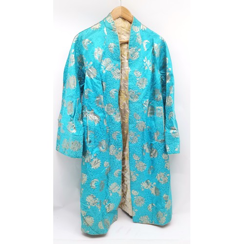 21 - Vintage turquoise embroidered Oriental reversible silk brocade jacket - 52cm across x 106cm long ~ s... 