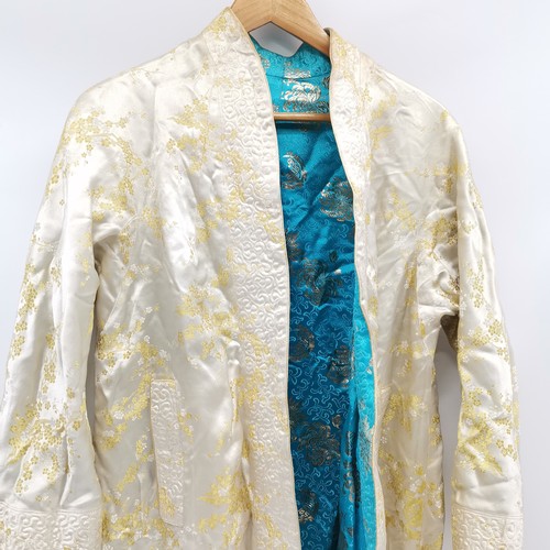 21 - Vintage turquoise embroidered Oriental reversible silk brocade jacket - 52cm across x 106cm long ~ s... 