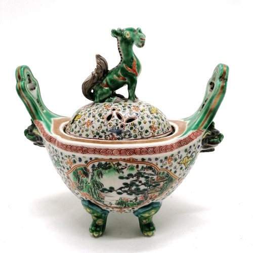 22 - Antique Chinese Famille verte 2 handled Koro with zoomorphic finial and mask handles terminating on ... 