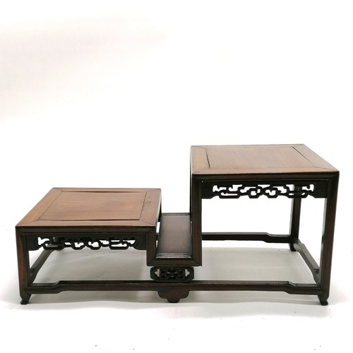 24 - Oriental antique Chinese hand carved hardwood 2 tier stand with fret carved detail - 42cm x 19cm x 1... 