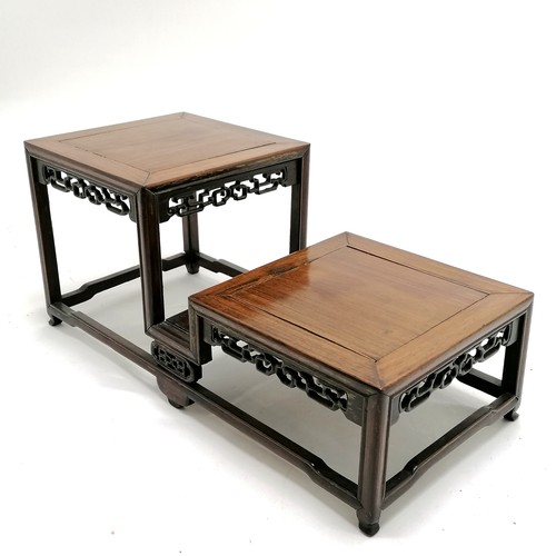 24 - Oriental antique Chinese hand carved hardwood 2 tier stand with fret carved detail - 42cm x 19cm x 1... 