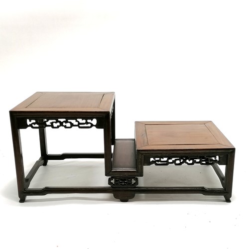 24 - Oriental antique Chinese hand carved hardwood 2 tier stand with fret carved detail - 42cm x 19cm x 1... 