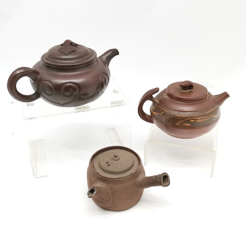 29 - 3 x Chinese Yixing Buccaro teapots (largest 16cm across) t/w cased set of 8 miniature teapots with l... 