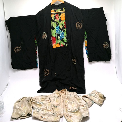 30 - Antique black silk kimono with gold embroidered detail & floral lining (in good used condition) t/w ... 