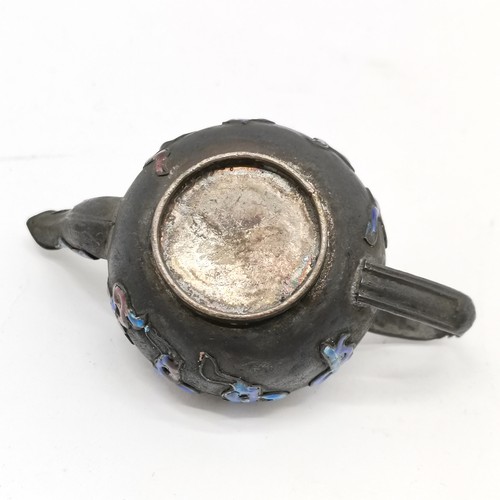 34 - Antique Chinese miniature silver teapot with enamel detail 3.5cm high x 7.5cm across - has some dete... 