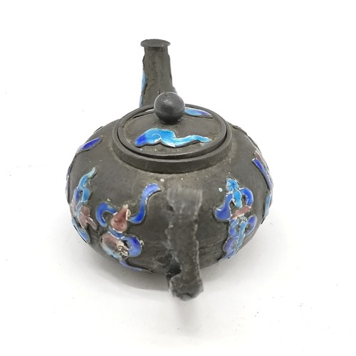 34 - Antique Chinese miniature silver teapot with enamel detail 3.5cm high x 7.5cm across - has some dete... 